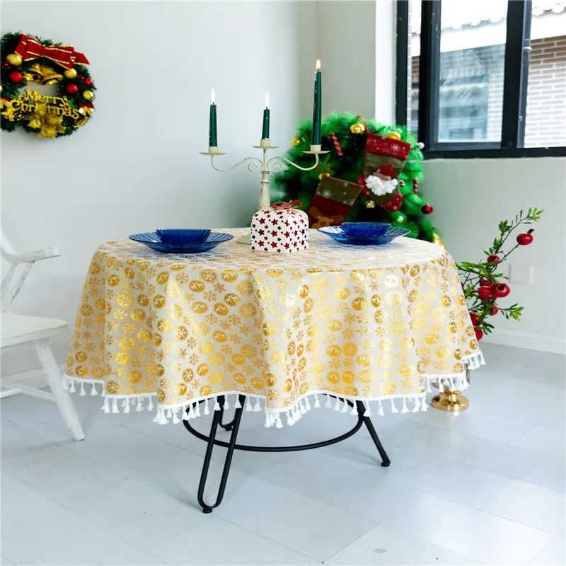 

Christmas New Year Tablecloth Cotton Linen Small Fresh Fringe Round Tablecloth Tassel Wedding Dinning Table Cover