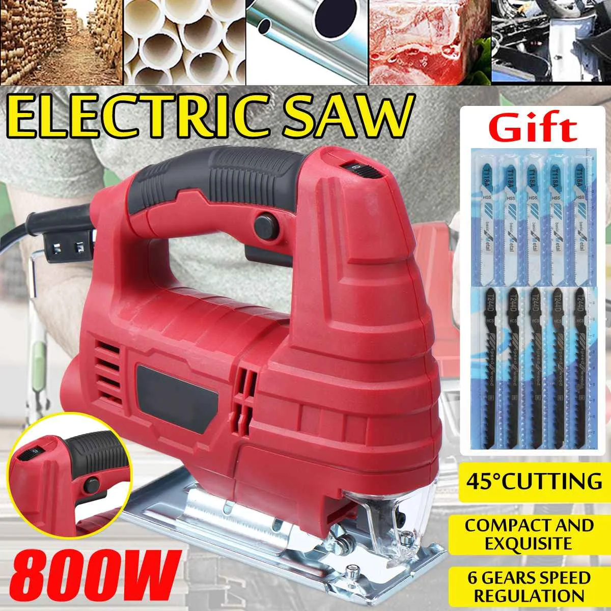 

800W Electric Pendulum Jig Saw Continuous Mode Multi-angle Electric Saw Cutter Machine Jig saw Power Tools With 10 Pieces Blades