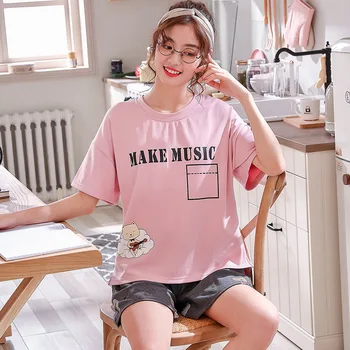 

Short-Sleeved Pajamas Women's Summer Thin Casual Leisure Tops Shorts Suit, Female Cute Fresh Two-Piece Set