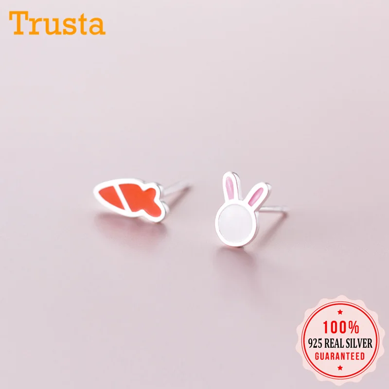 Trusta 100% 925 одноцветное Настоящее серебро 925 пробы Асимметричный животного кролик с морковкой серьги-клипсы Подарочные для
