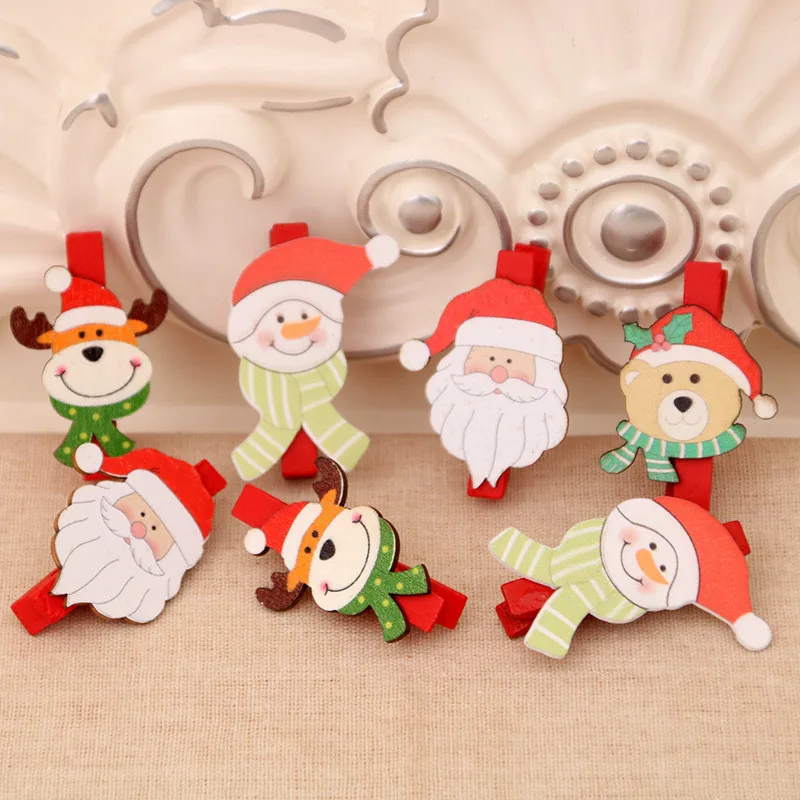 

6pcs 5cm Christmas Cartoon Deer Bear Wooden Clip DIY Wooden Christmas Clothespin Clips Party Decoration Clip Pegs New Year Gift