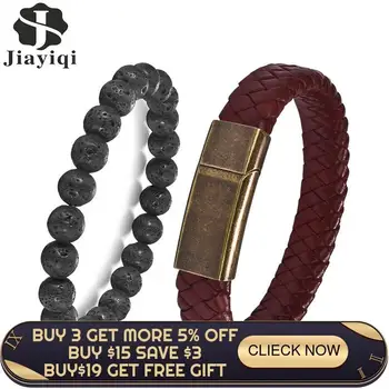 

2pcs Men's Bracelet Set Vintage Leather Stainless Steel Magnetic Lava Beaded Bracelets for Man 2020 Fashion Jewelry Party Gift