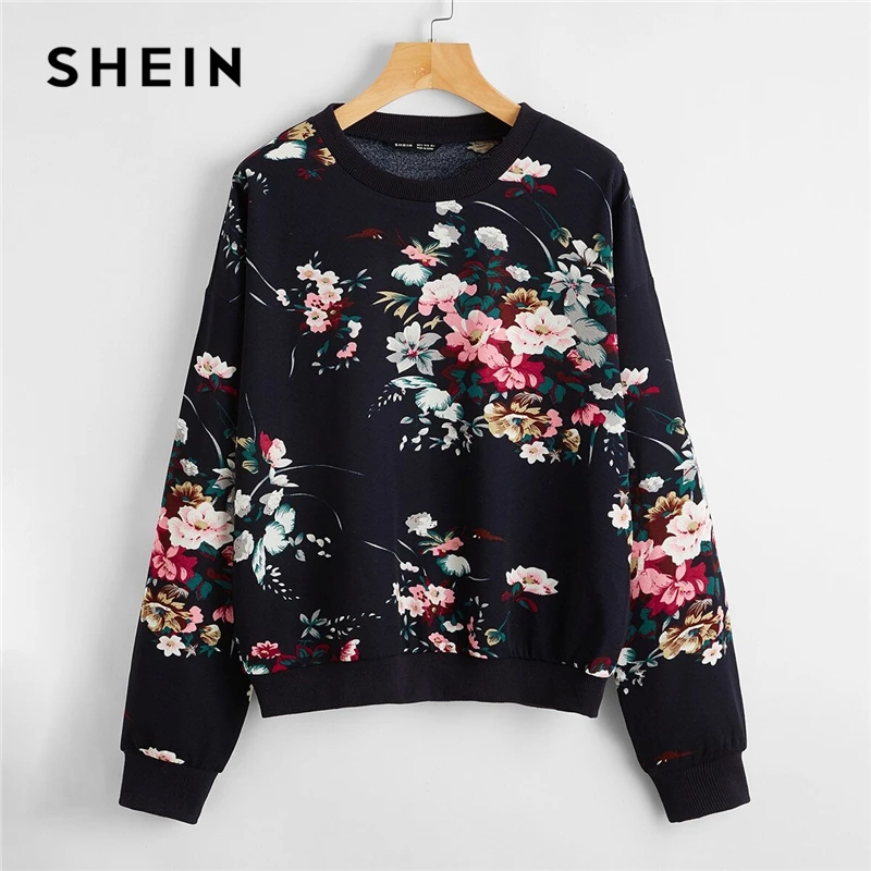 Pullover Women Sweatshirts SHEIN Long-Sleeve Floral-Print Navy-Blue Drop-Shoulder Round-Neck