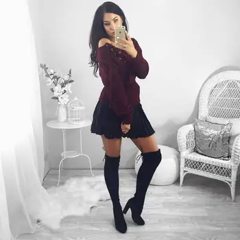 

2019 European And American-Style Autumn And Winter Hot Selling Supply Sexy Deep V off-Shoulder Chest Bandage Cloth Sweater Women