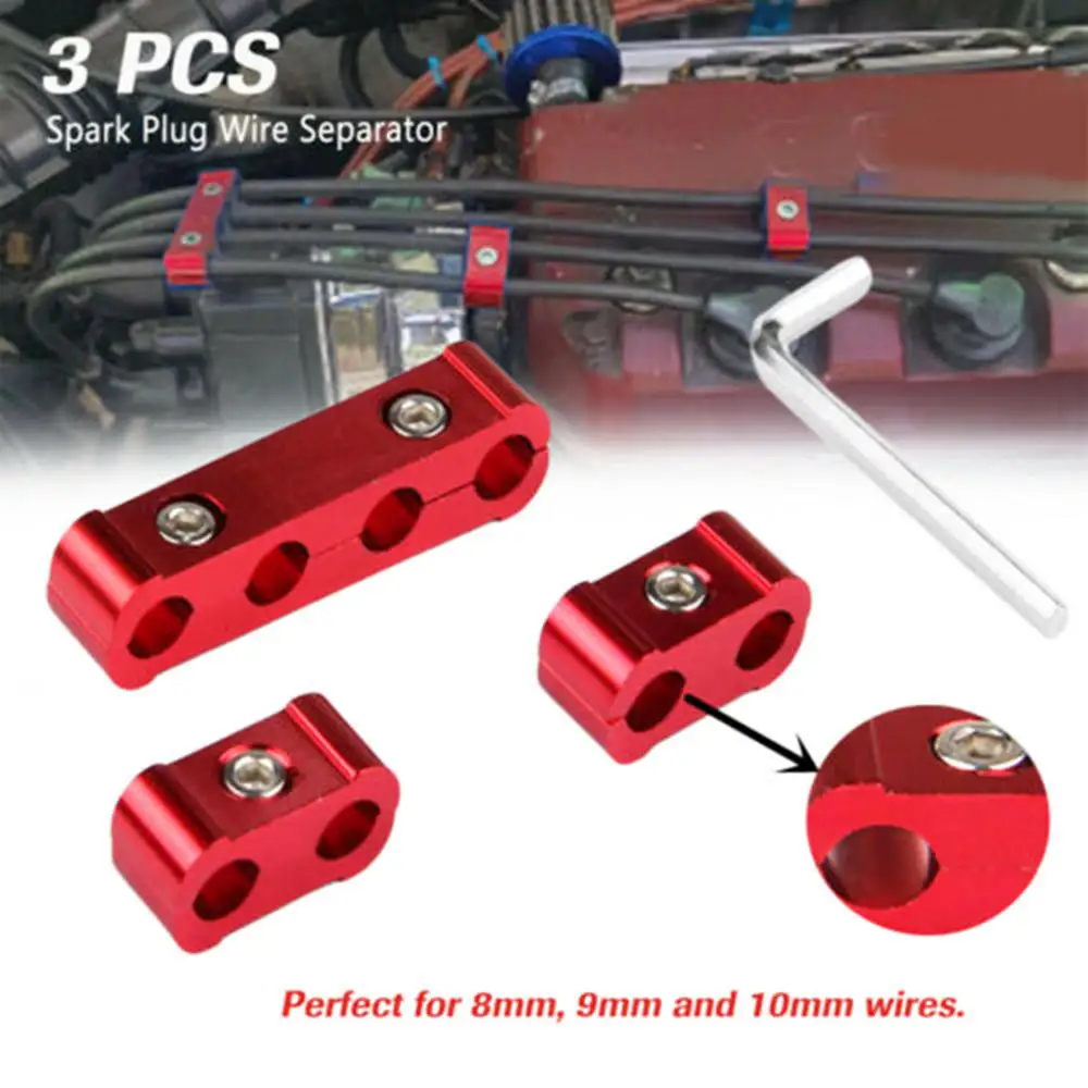 3Pcs Red Aluminum Engine Spark Plug Wire Separator Divider Organizer Clamp Kit Car & Truck Parts
