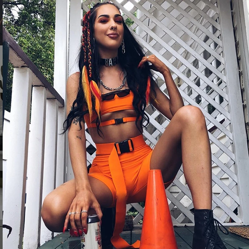 

Neon Color Sexy Streetwear Buckle 2 Piece Ses Women Cut Out Outfit Women Biker Shorts and Top Set 2019 Two Piece Outfits Female