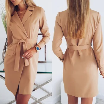 

Women's Cardigan Elegant Long Sleeve Basic Lapel Blazer Solid Color Slim Fit Long Trench Coat Suit with Belt and Bag