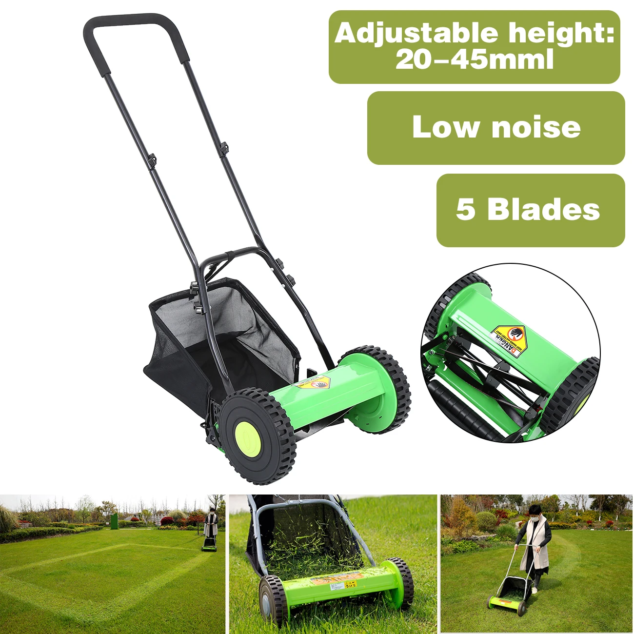 Samger 12inch Hand-Push Lawn Mower Home Courtyard Garden Adjustable Reel  Mower No-Power Roller Lawn Mower Grass Catcher