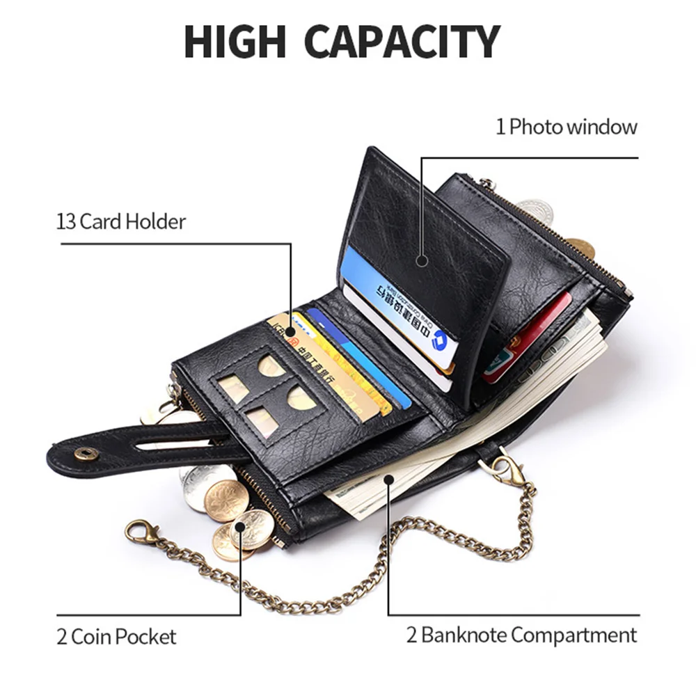 JINBAOLAI New Men's Wallet Chain Retro Double Zipper Coin Pocket Male Wallet Money Clips Multi Card Wallet For Men 3