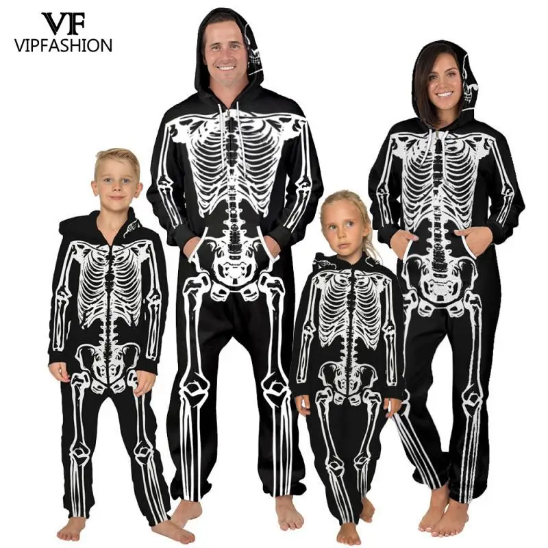 

VIP FASHION New Parent-Child Suit For Halloween Costume Skull Skeleton Printed Spandex Nightwear Pyjamas Loose Zippers Romper