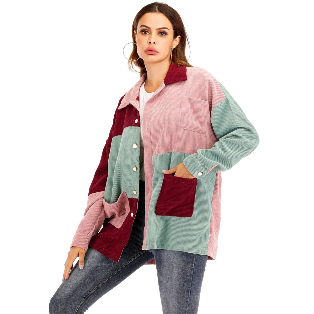 

Corduroy jacket female 2019 autumn and winter new casual lapel single-breasted large pocket color matching shirt women