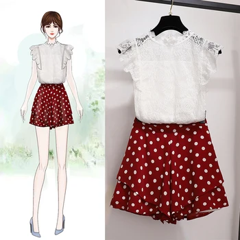 

2020 Summer Cute Hollow Out Lace Blouse Shirt Dot Print Chiffon Shorts Female Two Piece Sweet Casual Sets