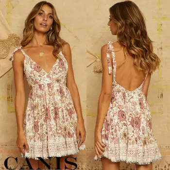 

Boho Chiffon Mini Dress Women Retro Floral Print Sleeveless Summer Cocktail Party Beach Sundress Sexy V-neck Strappy Dresses