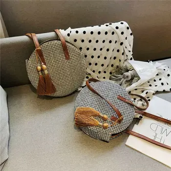 

Women Straw Bag Hand Beach Rattan Shoulder Bag Woven Round Bag Handbag Crossbody