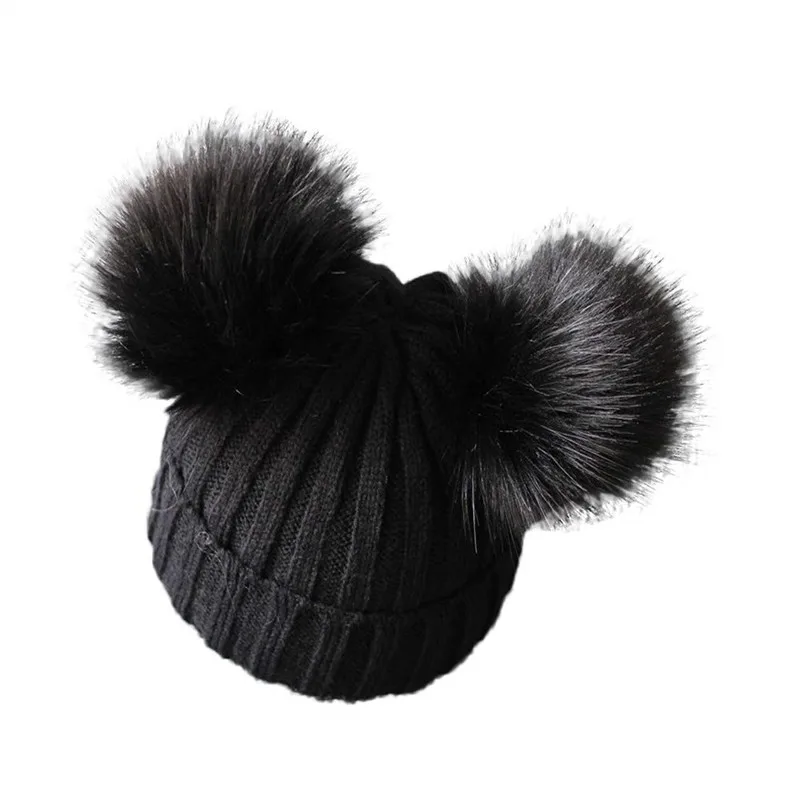 Children's winter infant newborn baby kids faux fur hat beanie with two double pom pom for boys and girl 1-3Y
