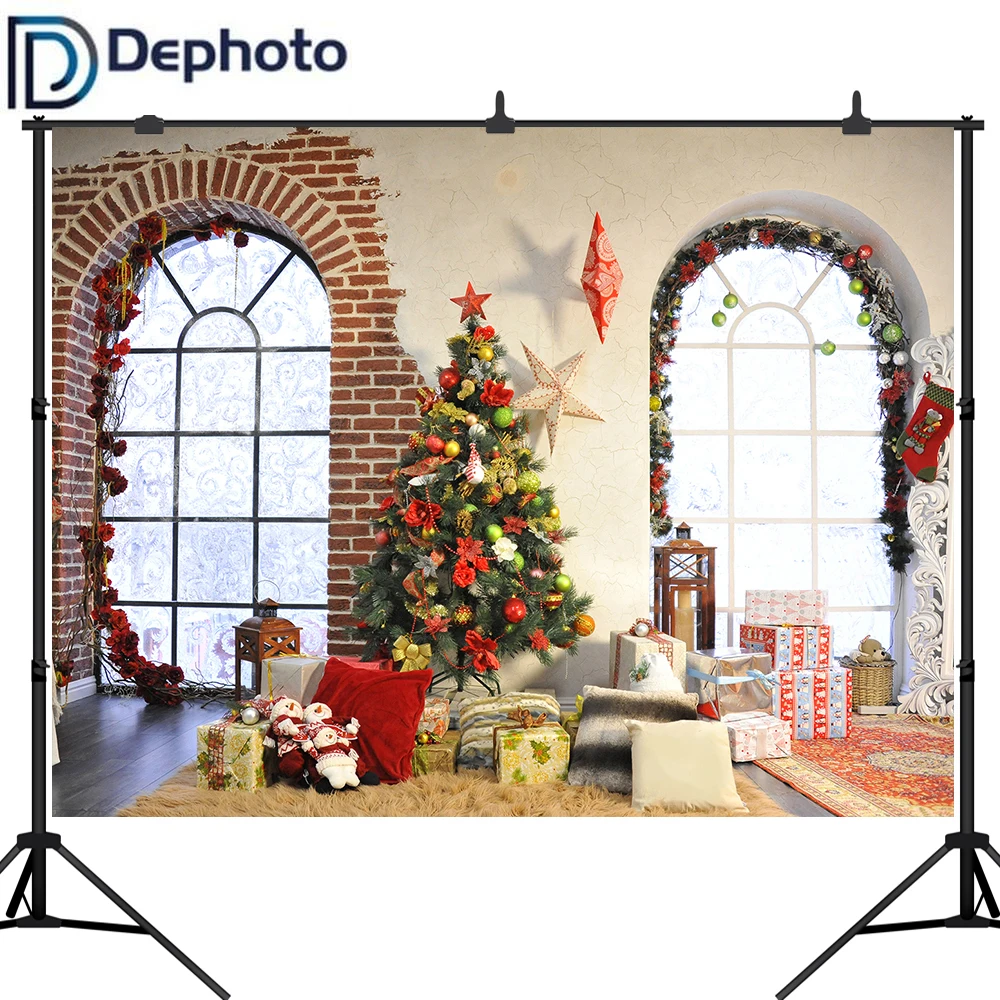 

Dephoto Christmas Tree Gift Window Carpet Pillow Photography Backgrounds Customized Photographic Backdrops For Photo Studio