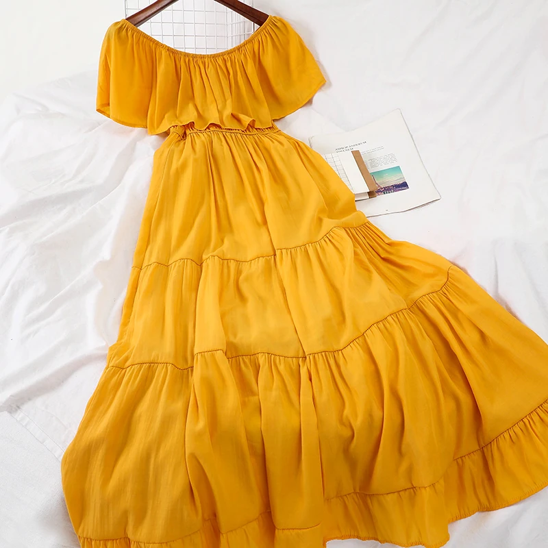 

2021Summer Sexy Slash Neck Strapless Shoulder Slim Dress Women Solid Ruffles Long Dress Elegant Female Beach Dresses Vestidos