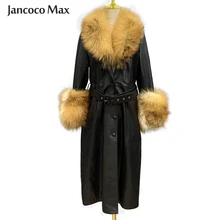 Manteaux longs en cuir pour femmes, coupe-vent d'hiver, vêtements d'extérieur, veste à col en vraie fourrure de renard S7930