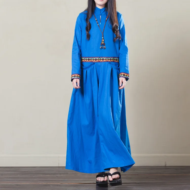

Yang Liping Celebrity Style 2019 Spring New Style Origional Retro National Wind Embroidered Frog Cotton Linen Dress Long Skirts