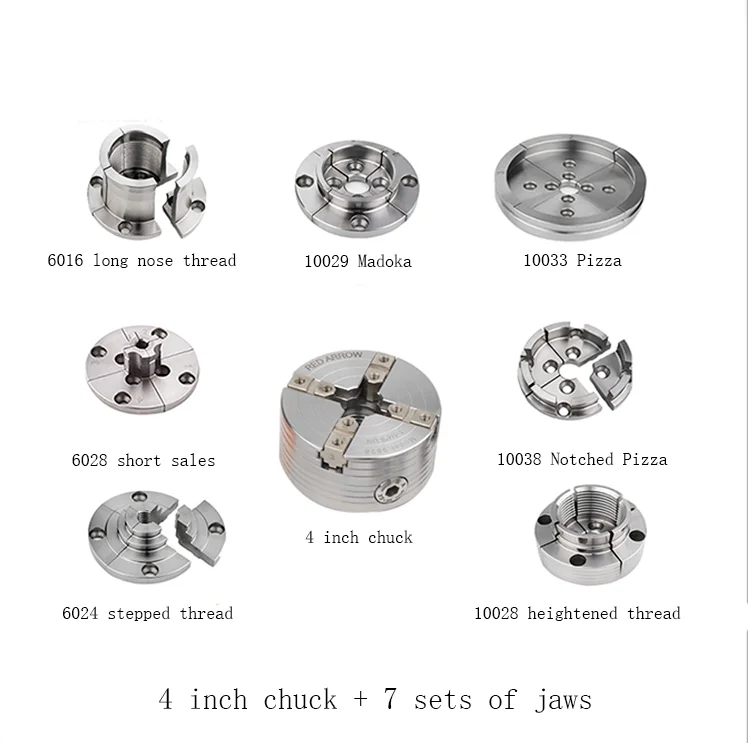4 Inch Woodworking Chuck, M33*3.5, 1 Inch 8 Teeth, 1 1/4 Inch 8 Teeth, With 7 sets of jaws