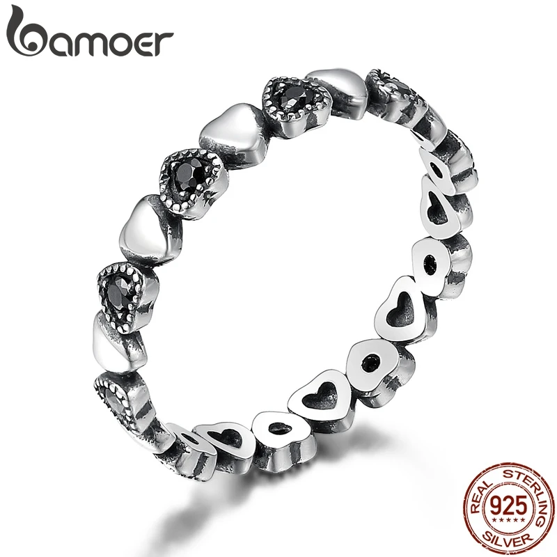 Finger-Rings Jewelry Ring-Heart Wedding-Anniversary 925-Sterling-Silver Black BAMOER