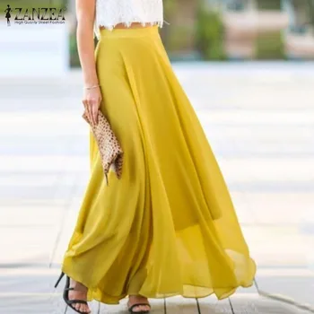 

Plus Size Summer Women Long Skirts ZANZEA 2020 Casual Solid Faldas Pleated Skirt Ladies Side Zipper Up Jupe Femme Vestidos 5XL 7