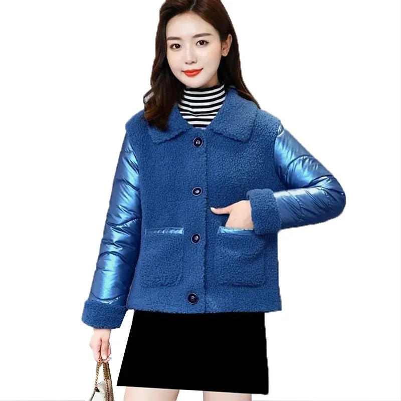 

Plus size 5XL 2020 Winter Jacket Women Warm Short Coat Shining Fabric Stylish Female Parka Lambswool Splice Faux fur Coat women
