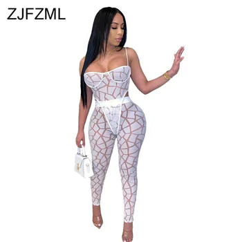 

Print Perspective Mesh Sexy Two Piece Set Tracksuit Women Straped Backless High-ut Bodysuit + Long Pencil Pants Club Outfits