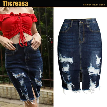 

European and American new washed and worn tassel denim skirt women's bag hip skirt