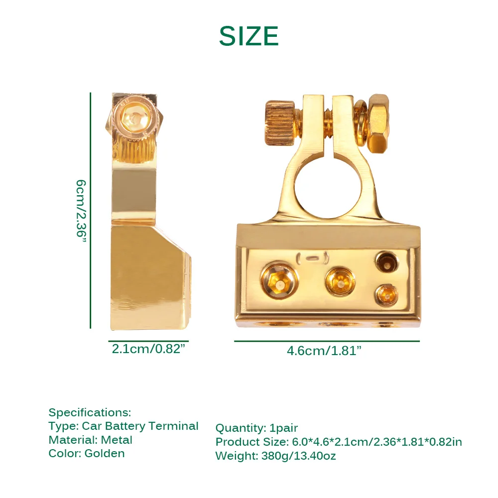 Onever New 2 Pcs Gold Plated Metal Gauge Car Battery Positive Negative Safe Battery Terminal Gauge Golden Electric Connector
