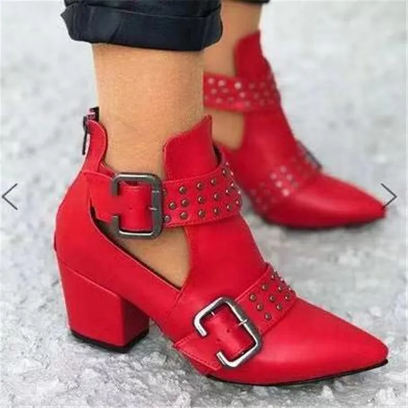 

Women's Sexy High Heel Ankle boots Vintage Hollow Pointed Toe boots Square heel shoes punk red white black boots plus 35-42 43