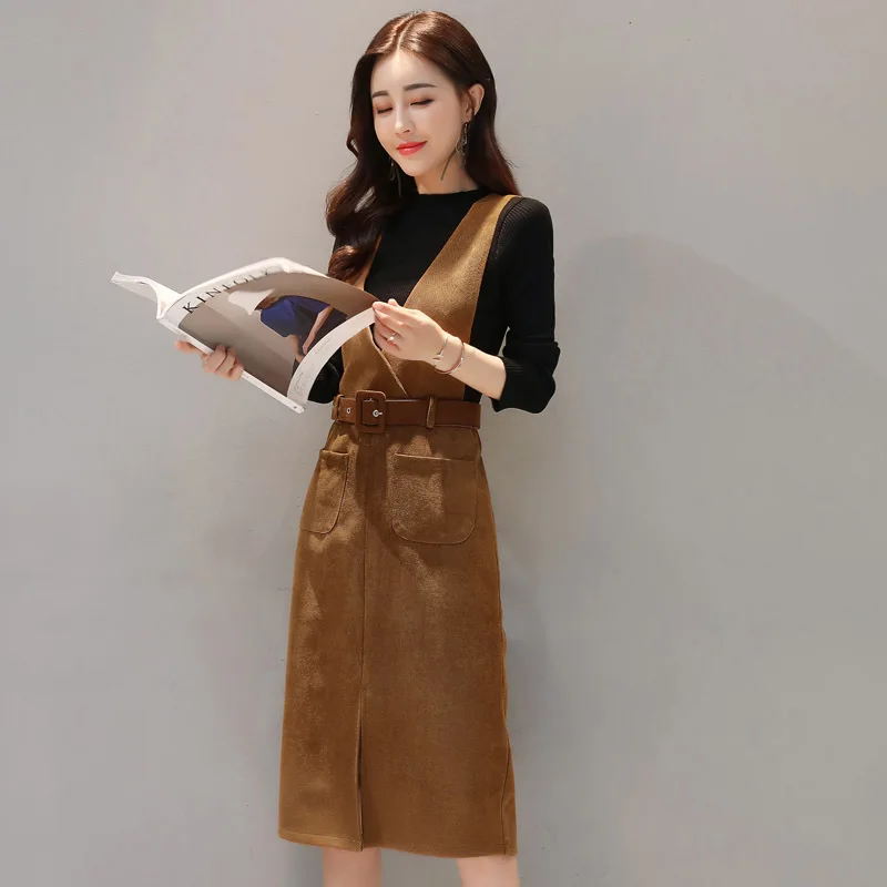 

Long Sleeve Plaid Woolen Waist Hugging Elegant Vest Two-Piece 2019 Autumn And Winter Base Dress Slim Fit Slimming Set