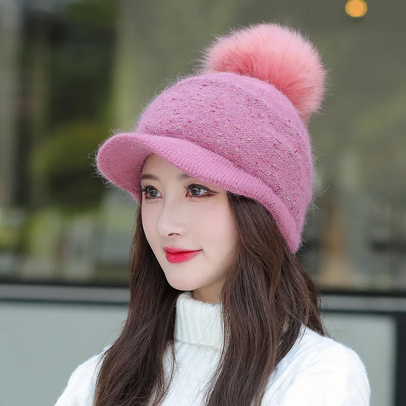 Winter New Baseball Cap Women Rabbit Hair Knitting Plus Velvet Keep