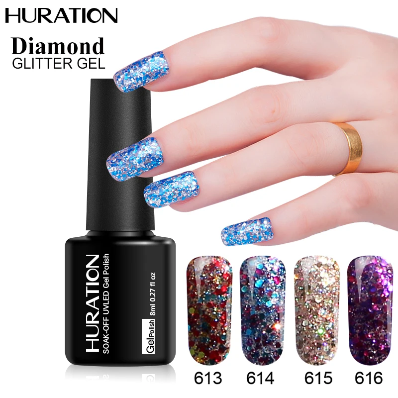 

Huration Diamond Glitter Ultraviolet Glow Polish Soak Off for Nails Art New Diamond Shiny Sparkles Permanent Enamel Gel Polish