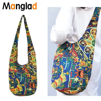 

Manglad New Hobo Sling Hippie Crossbody Bag Bohemian Cotton Canvas Hand Woven Shoulder Bags Women Vintage Bucket Bag Hipster Bag