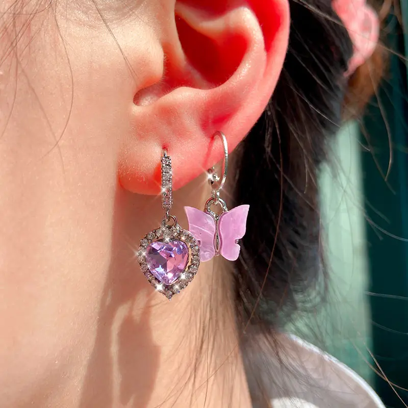 Flatfoosie New Multicolor Shiny Butterfly Drop Earrings for Women Fashion Heart-shaped Rhinestones Temperament Jewelry | Украшения и