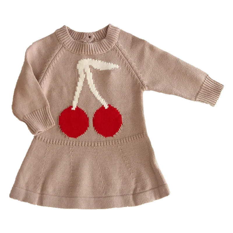 Одежда для маленьких девочек; большой теплый свитер с вишнями; платье для маленьких девочек; осенне-зимний вязаный свитер; платье в клетку; милая кукла - Цвет: Khaki