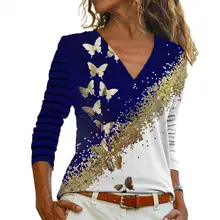 

Fashion Women T-shirt Long Sleeve Slim Fit Golden Butterflies Print Pullover Elegant Golden Butterflies Print Casual Blouse