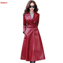 Женское зимнее плотное длинное кожаное пальто, женская куртка с длинным рукавом и ремнем на талии, Женская куртка из искусственной кожи и хлопка, W1432