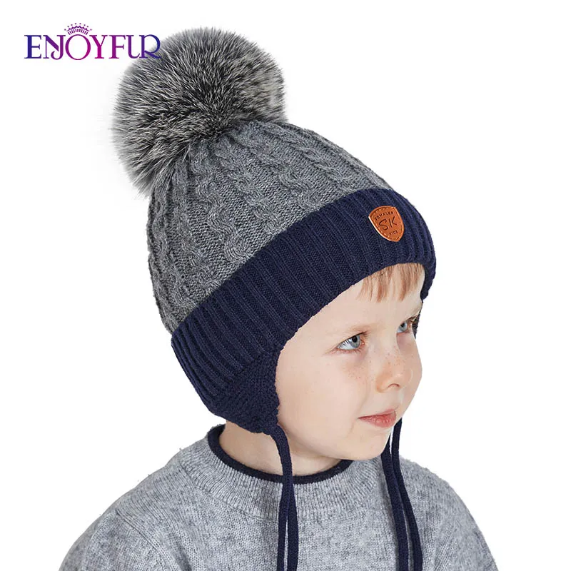 Вязаная шапка с помпоном из натурального Лисьего меха для мальчиков|kids beanies|fur pompom