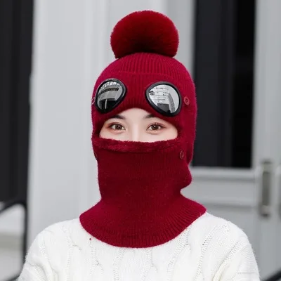 wine red Унисекс зимние уличные очки вязаная Лыжная Шапка Кепка Балаклава маска Защита лица и шеи толстый шарф маска Skullies Beanies шапка вязаная - Цвет: wine red