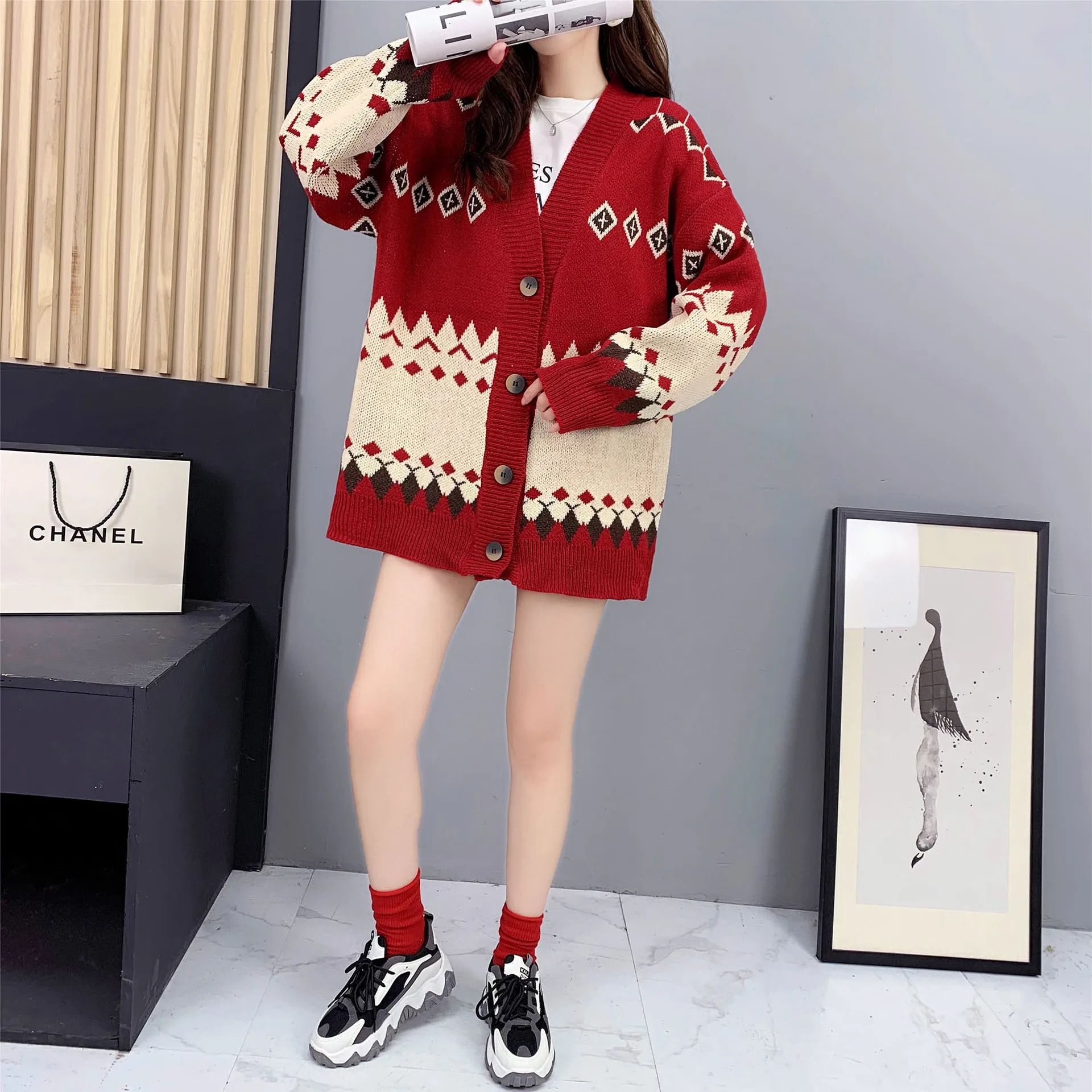 Women's sweater cardigan 2021 new casual V-Neck long sleeve loose retro jacquard button knitted top winter women's sweater coat ugly christmas sweater