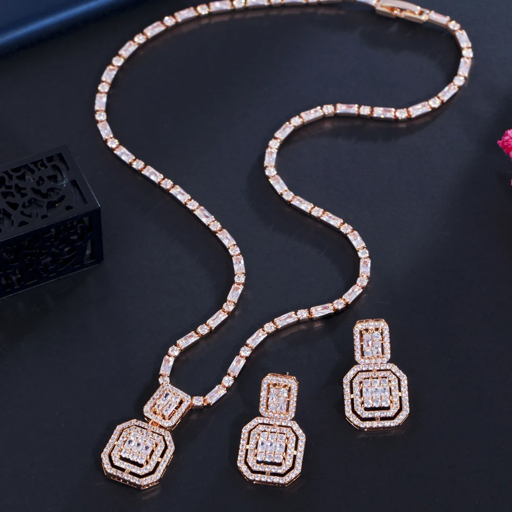 ThreeGraces Geometric Square Earrings Necklace Shiny Cubic Zirconia Crystal Fashion Jewelry Set for Women Party Gift TZ651 jewelry sets jewelry set