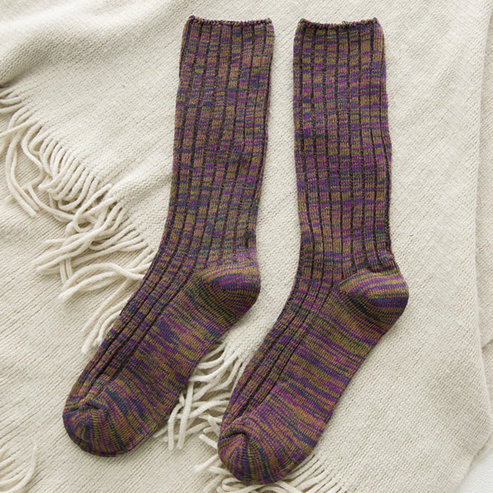 Эластичные осенние длинные вязаные повседневные студенческие ворсовые мягкие теплые женские носки до бедра из смеси хлопка на зиму