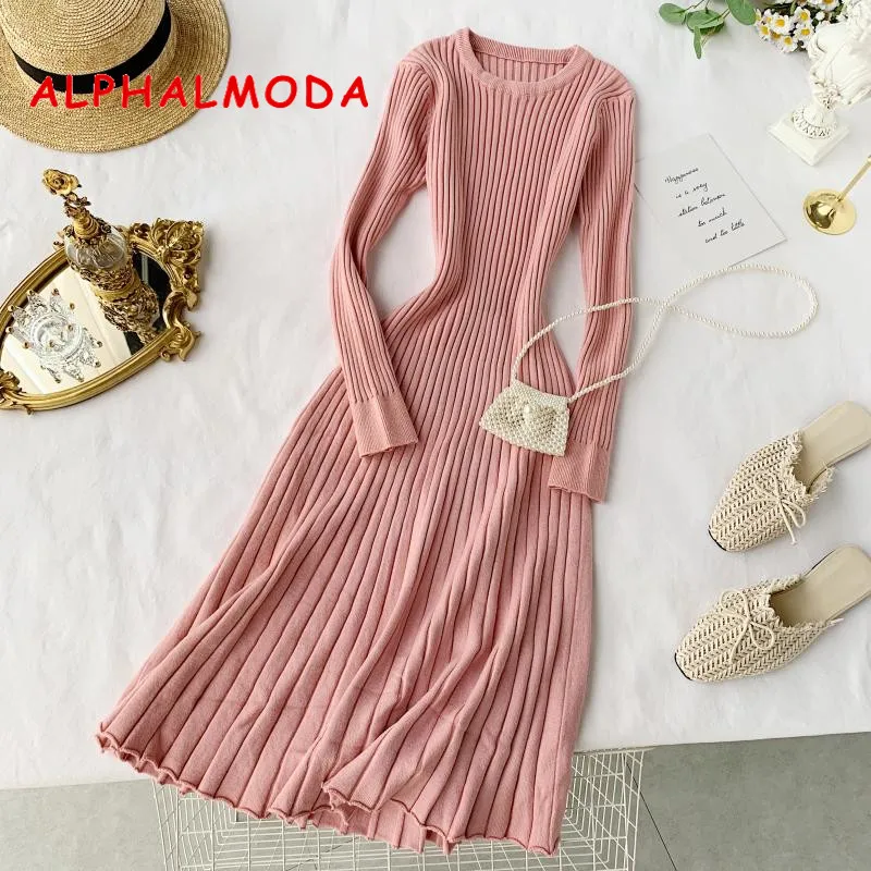 

ALPHALMODA Women Long-sleeved A-line Knee Length Simple Knitted Dress Solid Color Slim Vintage Autumn Winter Bottom Dress