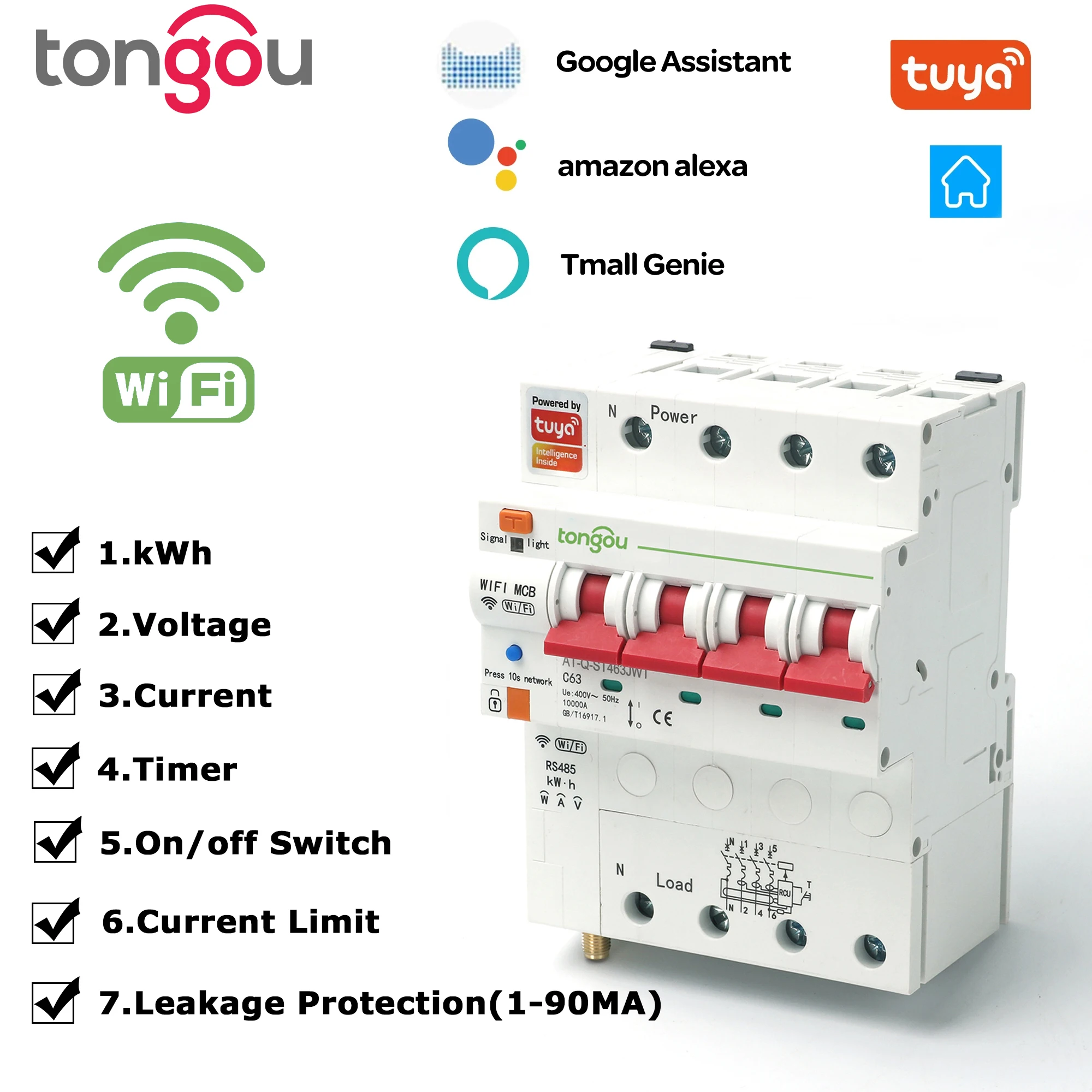 TUYA 4P Three Phase RCBO WIFI Smart Energy Meter Kwh Metering Monitoring Circuit Breaker Timer Relay with Leakage Protection 63A |