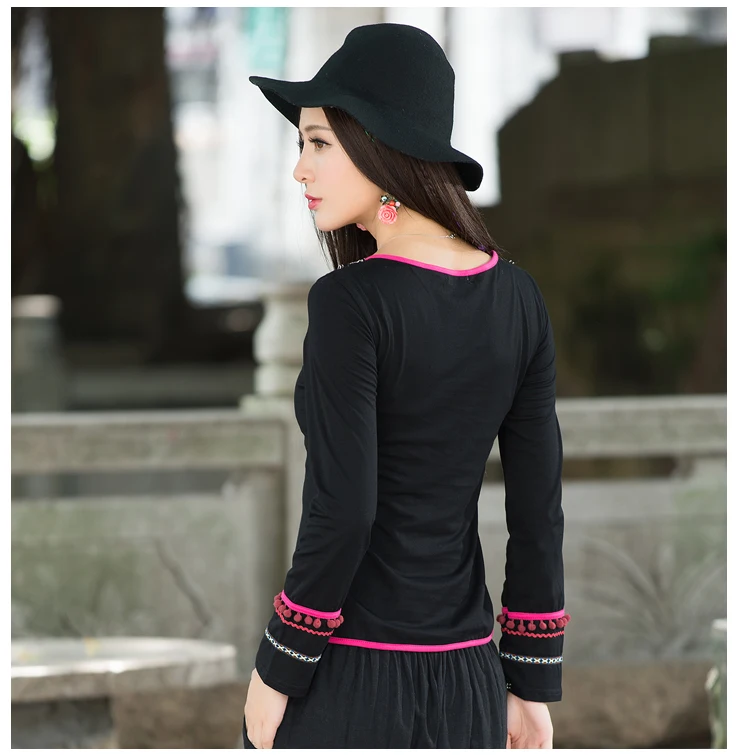 Camisas femininas Женский Пуловер женский винтажный 70s этнический мексиканский стиль длинный рукав v-образный вырез черная футболка с вышивкой AF498