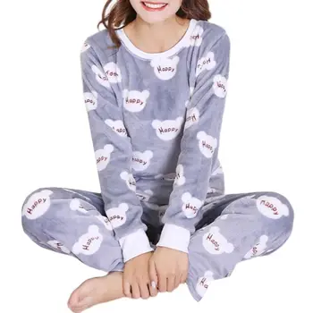 

Womens Winter Flannel Pajamas Set Long Sleeve O-Neck Tops Elastic Waist Pants Cute Cartoon Print Thermal Sleepwear Loungewear