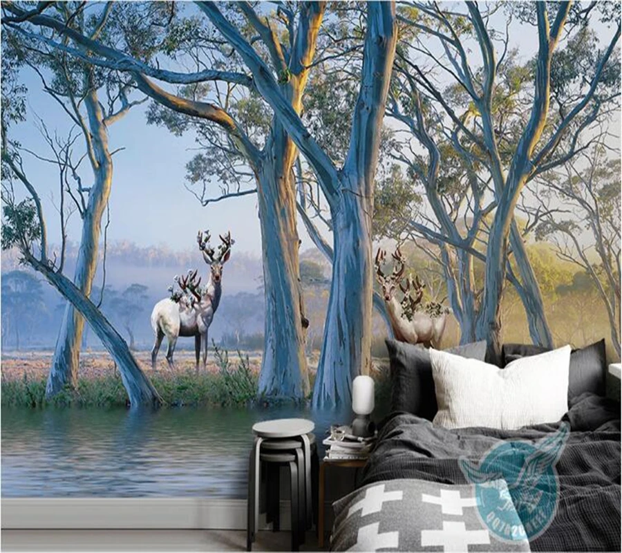 

Papel de parede European forest big tree elk oil painting 3d wallpaper,living room TV wall bedroom wall papers home decor mural