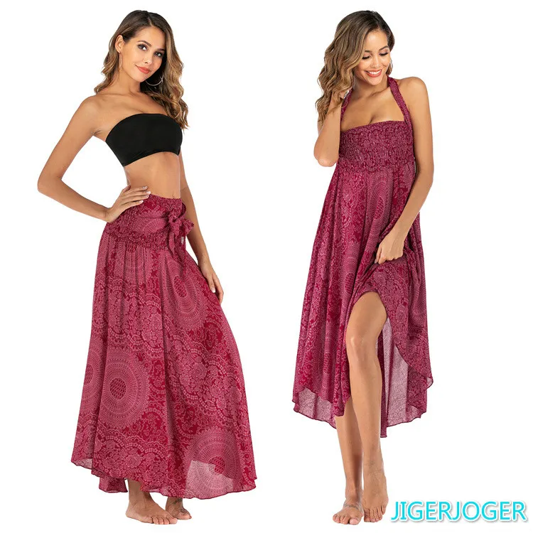 Orange mandala floral flower printed Thai skirt knotted plus size women halter neck jumpsuit Beach Skirts womens midi skirts